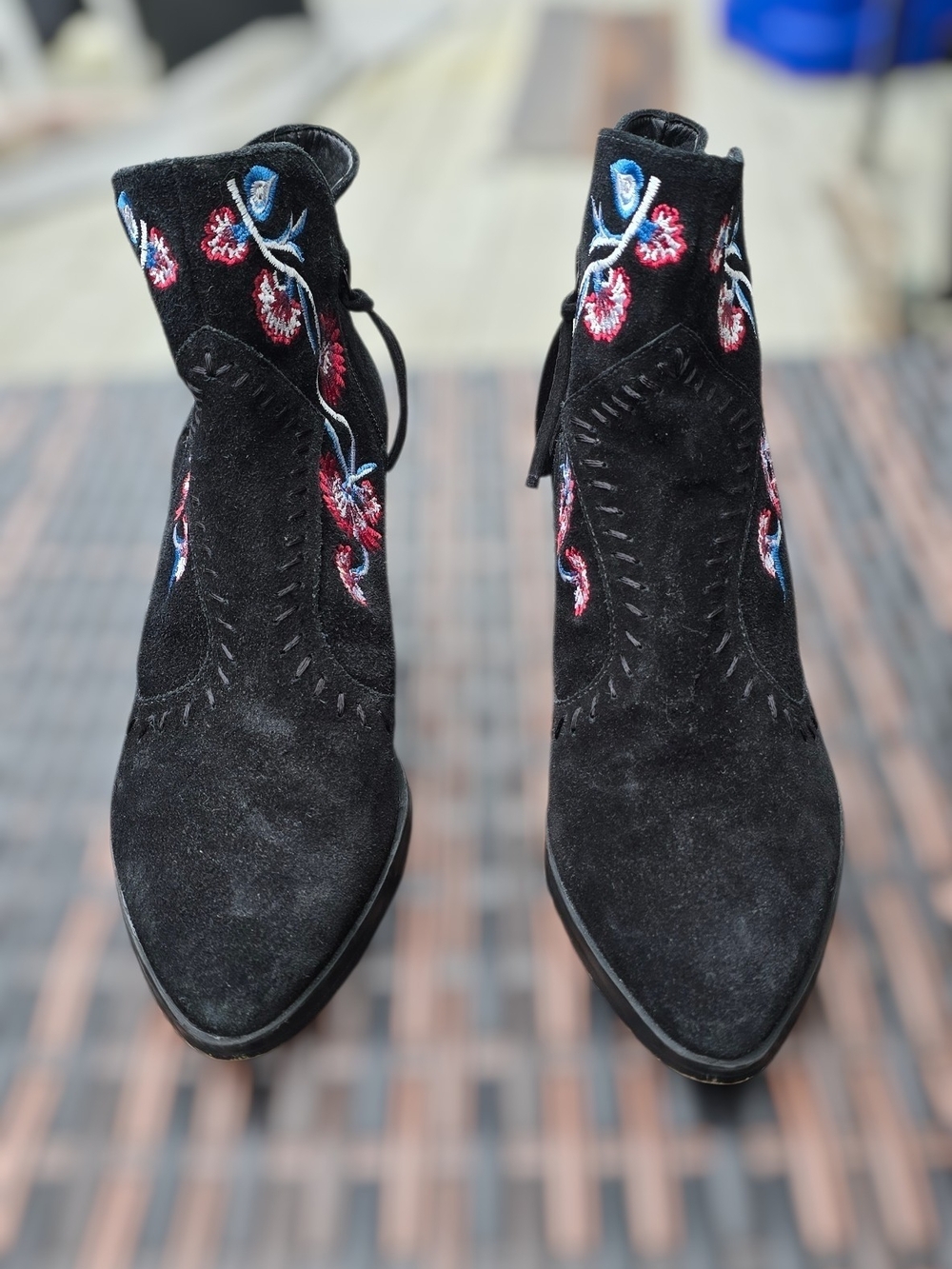 Rebecca Minkoff Black Suede Embroidered Ankle Boots